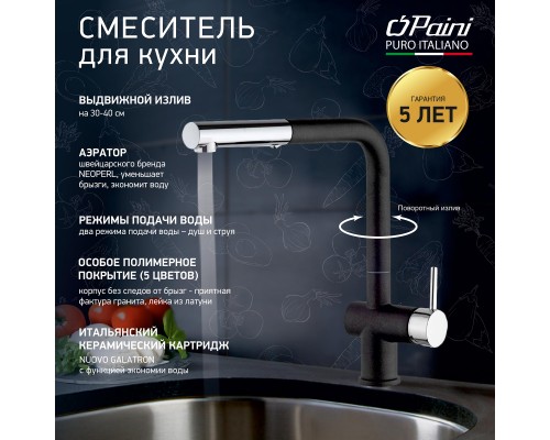 Смеситель для кухни с выдвижной лейкой, PAINI Cox, METALLIC BLACK